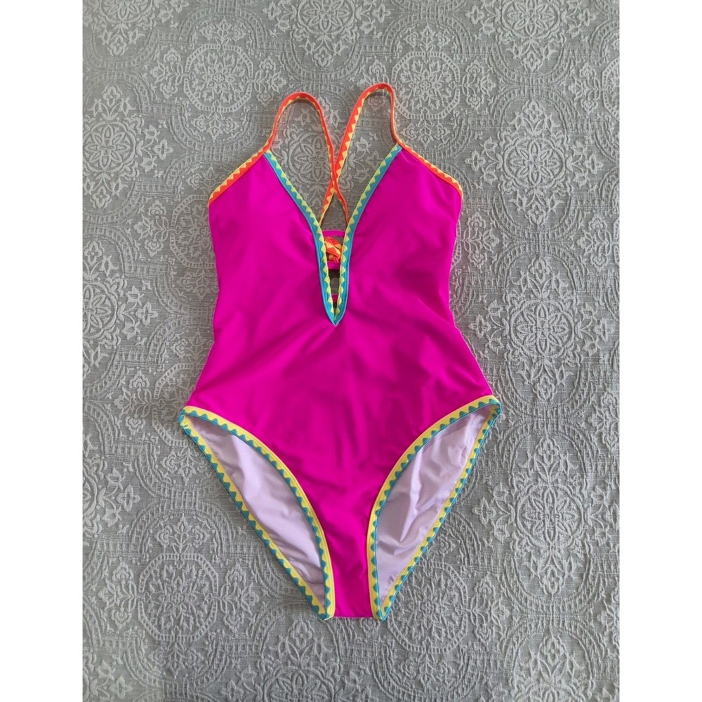 Popvil Womens Pink One Piece Swimsuit Ric Rac Trim Plunging V-Neck Tie Back